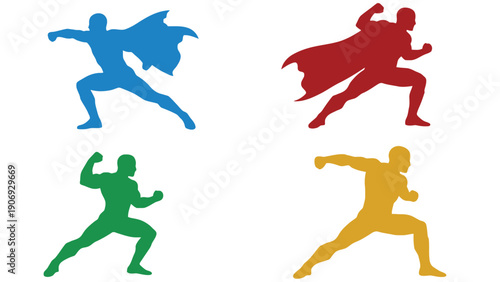 Superhero vector icons in different colorful poses and styles