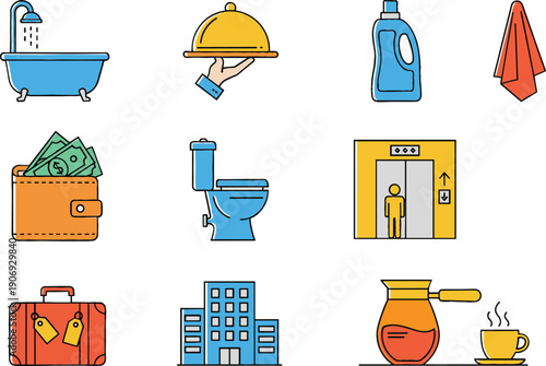 Hotel and lifestyle service icon illustration set with bathroom, luggage, money, coffee and building symbols, modern flat cartoon vector design
