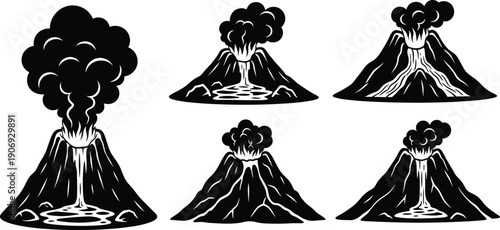 Erupting volcano silhouette vector collection featuring smoking mountains and flowing lava magma for nature disaster logo concepts.