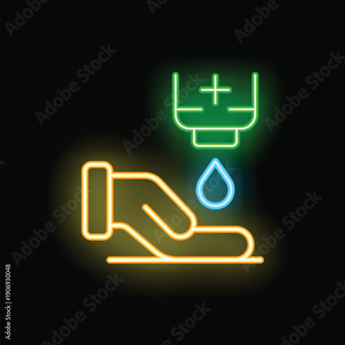 Neon icon representing hand disinfection with hydroalcoholic gel to prevent covid 19 contamination
