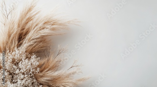 Sophisticated wreath composed of wispy pampas grass stems arranged in gentle curves, subtle watercolor border in champagne and pale terracotta creating soft transition, ethereal boho design with fine