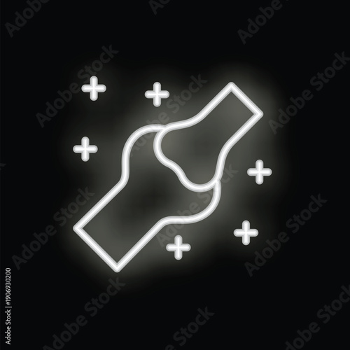 White neon icon of a human joint with medical crosses surrounding it representing a cure
