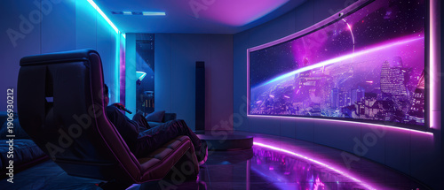 Person relaxing in a modern home theater watching a sci-fi movie on a curved ultra-wide screen with ambient neon lighting.
