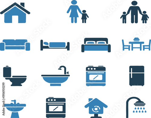 Home and family icon set illustration with furniture, kitchen, bathroom and household symbols, modern flat minimalist vector design