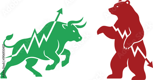 Bull and bear market representing financial trends with increasing and decreasing stock values