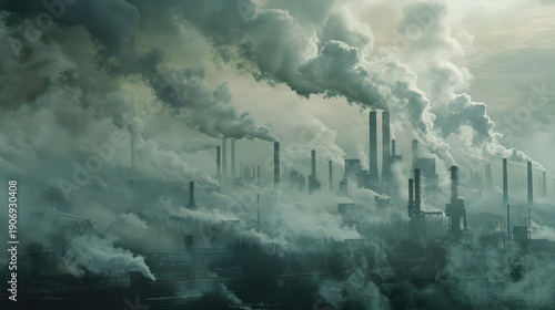 Dense smoke and toxic emissions rise from numerous factory stacks, creating thick smog and symbolizing extreme environmental air pollution.