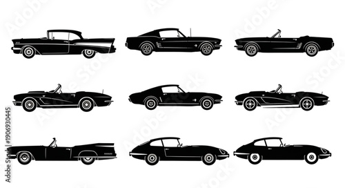 Collection of vintage car silhouettes in black and white.