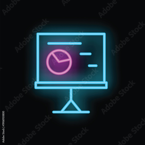 Neon sign of a flipchart displaying a pie chart and data, representing business presentations and data analysis