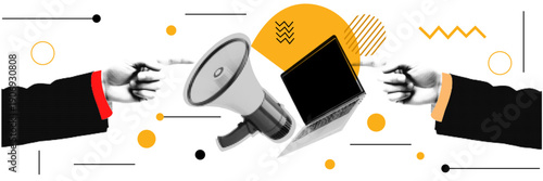 Halftone pop art dot hands pointing at megaphone and laptop for digital marketing business concept vector illustration