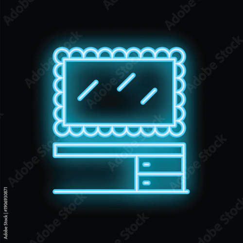 Blue neon icon of dressing table with mirror and drawers glowing on dark background