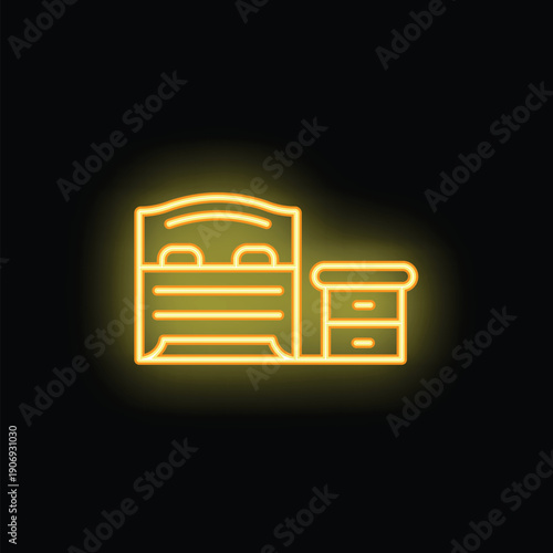 Yellow glowing neon icon of a bedroom interior with a double bed and a nightstand