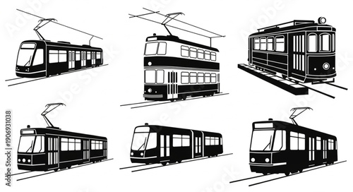 Collection of vintage and modern tram illustrations on tracks.