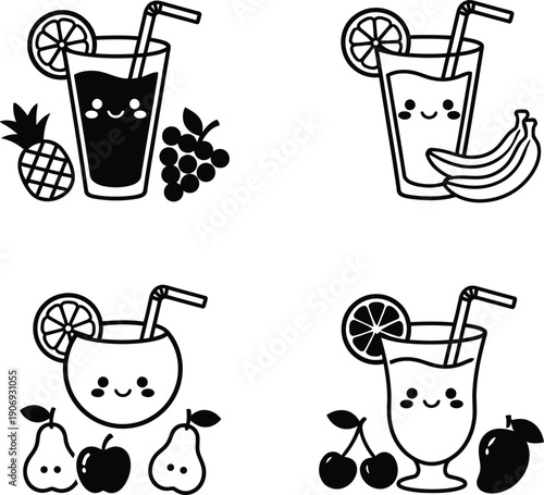 Adorable kawaii juice characters with drinking straws and fresh fruit garnishes like banana and pineapple.
