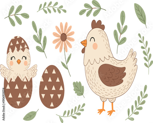Cute Easter chicken and egg illustration set with floral and botanical elements, adorable spring farm animals cartoon vector design