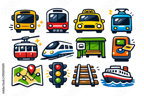 Colorful transportation icons set featuring bus, train, taxi, tram, and more.