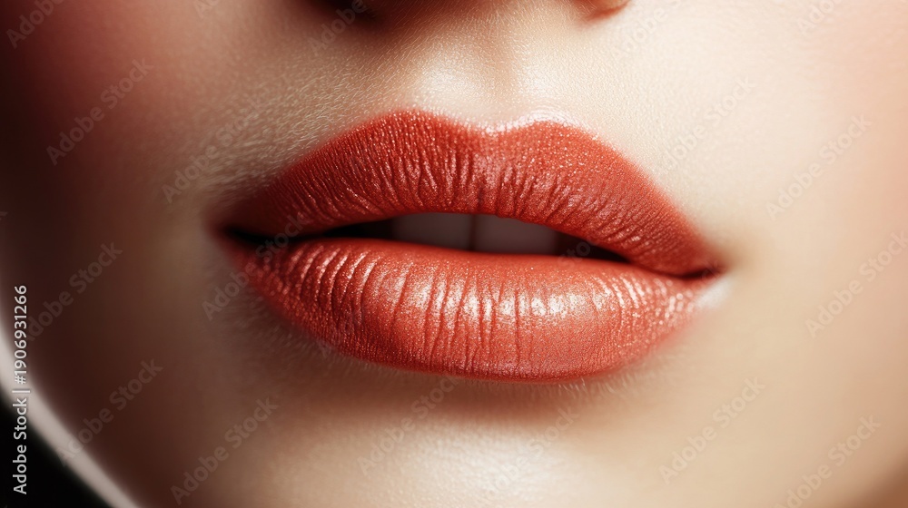Fototapeta premium Close-Up of Soft and Smooth Lips with Warm Orange Lip Color Highlighting Natural Beauty and Elegance, Perfect for Cosmetic, Fashion, or Beauty Themes