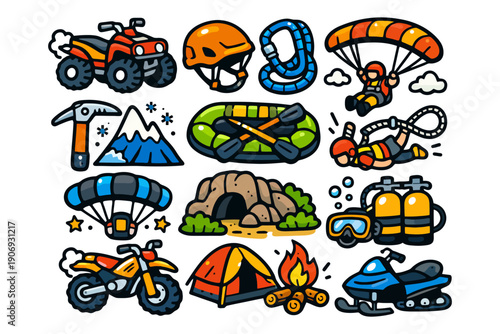 Outdoor adventure icons: paragliding, rafting, camping, climbing, snowmobiling, biking.