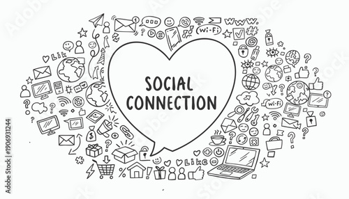Social media icons and symbols surrounding a heart-shaped speech bubble with 'Social Connection' text, for website or presentation background, overlay effect, vector illustration