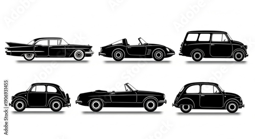 Collection of vintage black car silhouettes on white background.