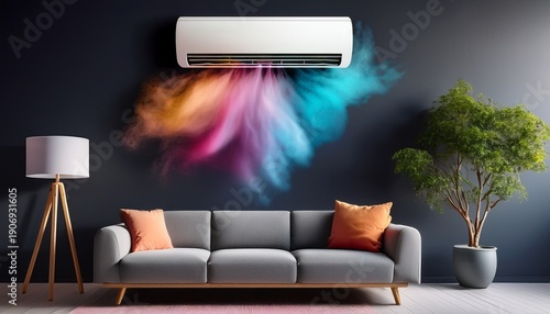 modern air conditioner on dark wall with colorful airflow above gray sofa in living room interior