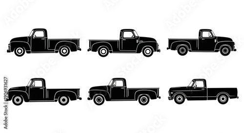 Collection of vintage black pickup trucks in silhouette.