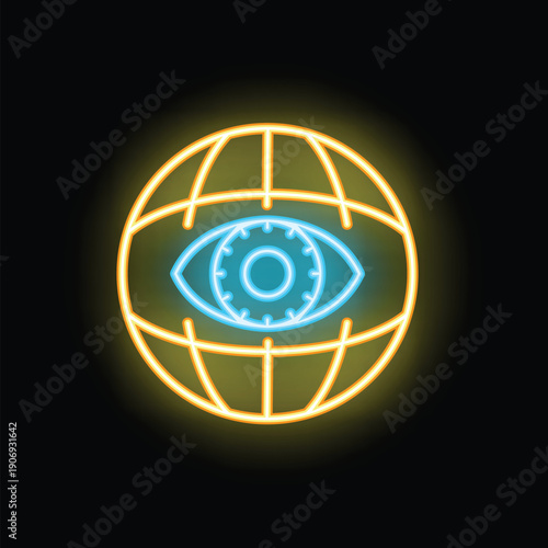 Neon sign showing a blue eye inside a yellow globe, symbolizing the concept of global surveillance