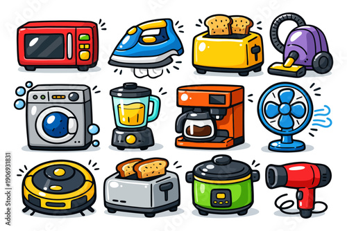 Colorful collection of cartoon household appliances in a grid layout.