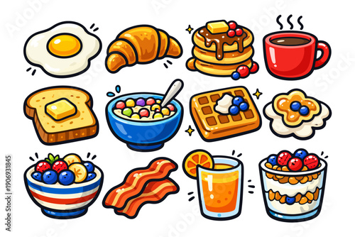 Colorful cartoon breakfast foods including eggs, pancakes, waffles, and coffee.