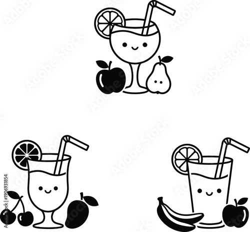 Set of three kawaii juice cup characters surrounded by fresh fruits like apple pear and banana in outline vector style.