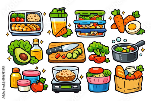 Colorful collection of healthy food and ingredients for meal prep and cooking.