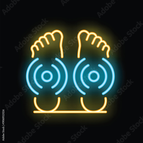 Neon sign illustrating a pair of feet positioned on an electric plate, symbolizing a treatment for foot pain