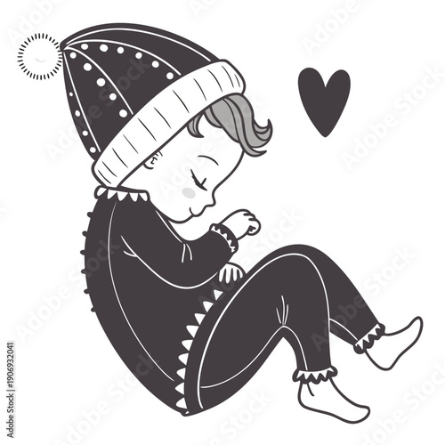 Sleeping baby in winter hat and sleeper with heart, monochrome nursery illustration.