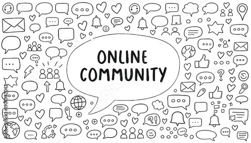 Vector social media icons and speech bubbles with 'ONLINE COMMUNITY' text, for website or presentation background, overlay effect