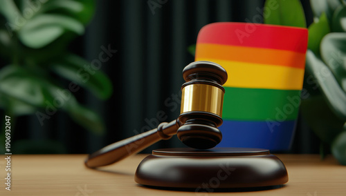 Judge gavel rainbow flag equality justice human right law courtroom wooden table symbol pride movement focus, representing equality justice and human right law modern courtroom setting with