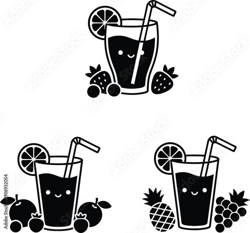 Set of three kawaii drink characters with straws and fruit garnishes like strawberry and grapes in silhouette vector style.