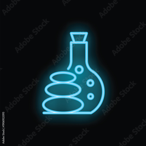 Blue neon icon of a bottle of essential oils with massage stones, evoking relaxation and body care