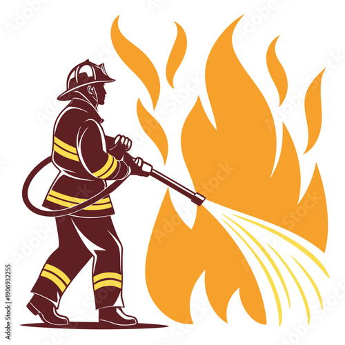 Firefighter spraying water on fire, emergency rescue and bravery silhouette illustration.