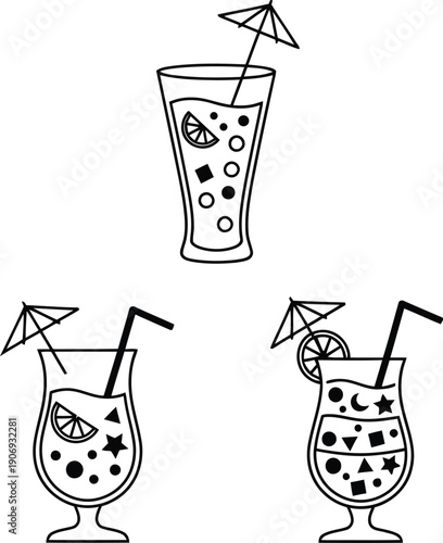 Collection of three summer cocktail outlines with umbrellas and drinking straws featuring geometric fizz shapes in line art style.
