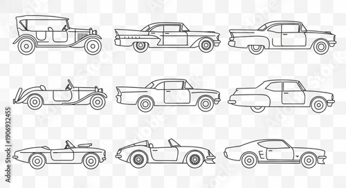 Collection of vintage car line drawings on transparent background.