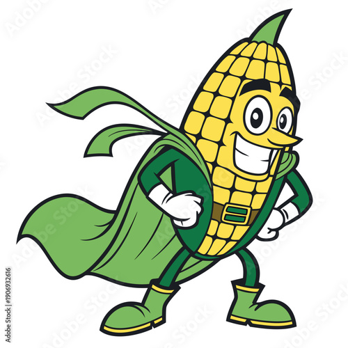 Cute corn superhero mascot character with cape, fun cartoon vegetable for farm and agriculture.