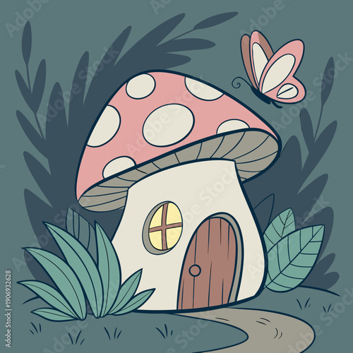 Cute mushroom fairy house with butterfly, magical fantasy forest and whimsical nature scene.