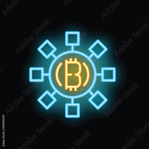 Glowing neon bitcoin sign connecting elements together on a black background