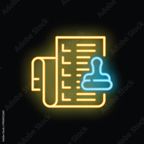 Glowing neon icon of a stamp approving a legal document, symbolizing agreement or contract validation