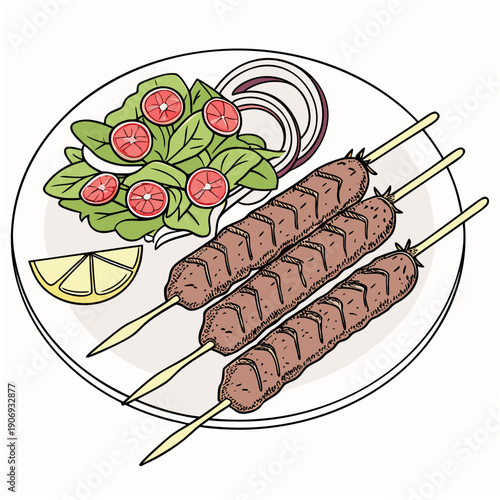 Top view grilled kofta kebab plate with salad and lemon, Middle Eastern food dinner appetizer.