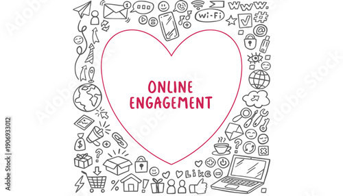 Vector online engagement doodle illustration with heart and social media icons, for website or presentation background