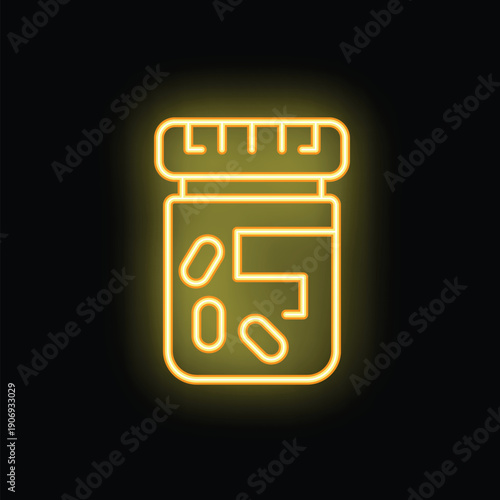 Neon sign of a medicine bottle filled with pills, glowing yellow on a black background