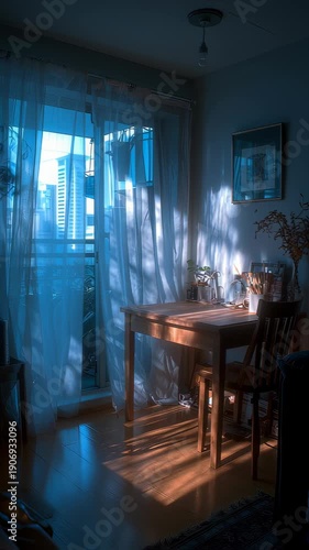 Sunlight shifting through curtains in dining room