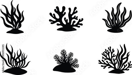 Collection of six underwater seaweed and coral reef silhouettes featuring marine plants for design.