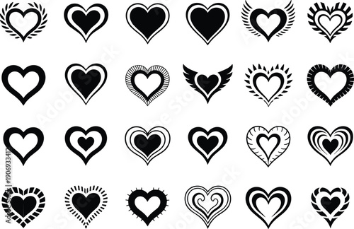 Stylized vector illustration of multiple decorative heart icons, black and white design, romantic concept, creative stock content for love, emotion, artistic projects