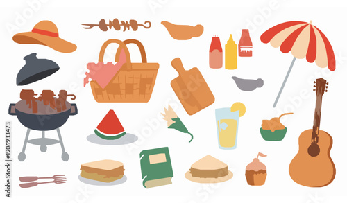 Hand Drawn Picnic and Barbecue Cartoon Elements Vector Set for Summer Outdoor Design